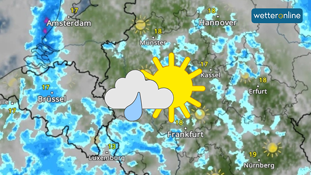 WetterRadar: Heute ziehen vor allem über den Westen und die Landesmitte viele Schauer. 
