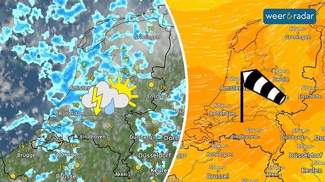Een dubbele afbeelding met links stevige regen- en onweersbuien. Rechts de WindRadar die oranje kleurt met windstoten tot 65 km/u. Links is een symbool van onweersbuien ingetekend, rechts een windvaan.