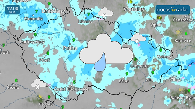 Meteoradar, screenshot, 31. října 12:00: O víkendu se u nás častěji objeví srážky ve formě občasného slabého deště nebo přeháněk. Na horách bude i sněžit.