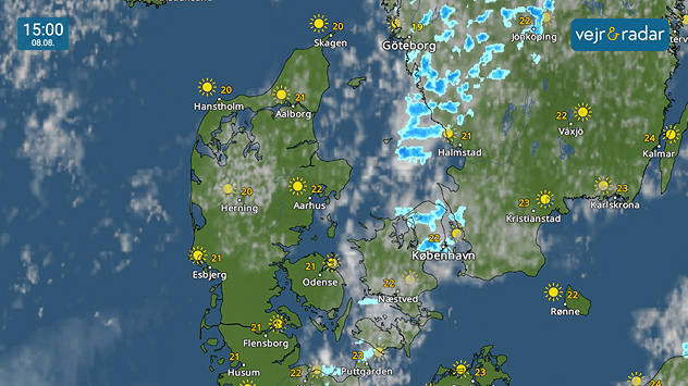 Tirsdag den 8. august kl. 15 er vejret solrigt og lunt i det meste af Danmark med temperaturer omkring 20-23 grader. Enkelte byger ses over Sjælland og Øresundsregionen.