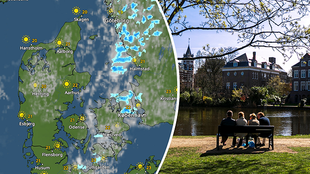 Delt billede med et solrigt vejrbillede med enkelte byger over det østlige Danmark til venstre og et billede solnydende folk på en bænk til højre.
