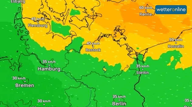 WindRadar zeigt starken Nordwestwind in der Ostseeregion