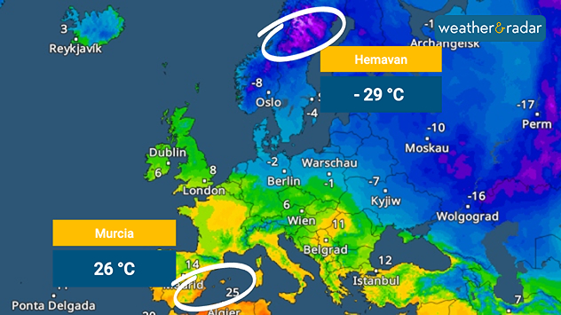 Temperature map of Europe showing extreme cold in northern Scandinavia with −29 °C at Hemavan and much warmer conditions in southern Spain with 26 °C at Murcia, highlighted by colour gradients and labels.