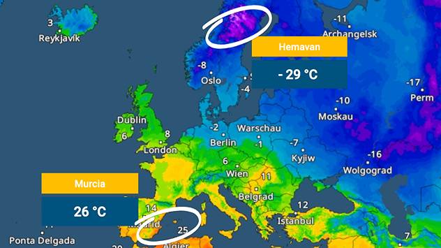 Temperature map of Europe showing extreme cold in northern Scandinavia with −29 °C at Hemavan and much warmer conditions in southern Spain with 26 °C at Murcia, highlighted by colour gradients and labels.