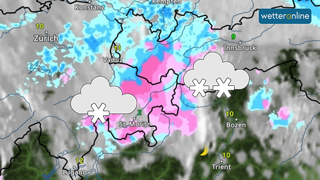 WetterRadarbild mit Regen und Schnee über den Alpen, Schwerpunkt Graubünden und Tirol.