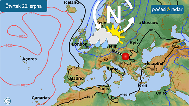 Předpověď synoptické situace nad Evropou na čtvrtek 20. srpna: V nejbližších dnech bude české počasí pod vlivem oblasti nízkého tlaku vzduchu.