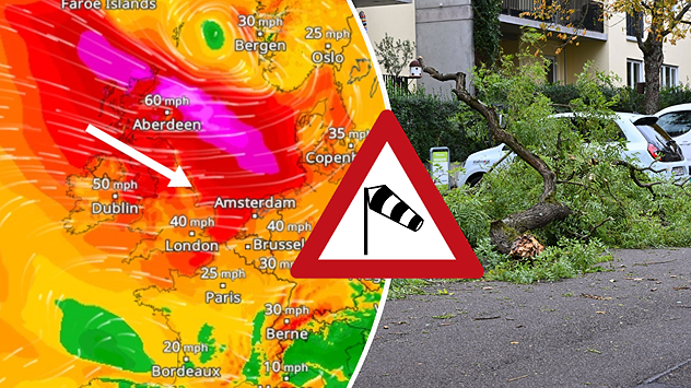 Split image showing a wind forecast with 60 mph near Aberdeen and 50 mph near Dublin, beside a fallen tree blocking a pavement near parked cars.