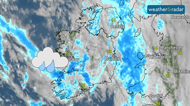 Weather map showing Ireland and the UK with widespread rain in blue shades, heaviest over western Ireland near Galway, with cloud cover and temperatures around 11 to 14 degrees.