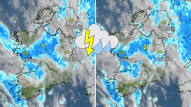Side-by-side weather maps of Ireland showing bands of rain and scattered thunderstorms, with lightning icon highlighting storm activity and blue rain areas moving across the country.