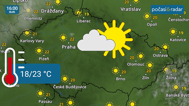 Meteoradar, screenshot, 26. září 16:00: Víkend nám nabídne slunečné počasí s odpoledními teplotami často přes 20 °C.