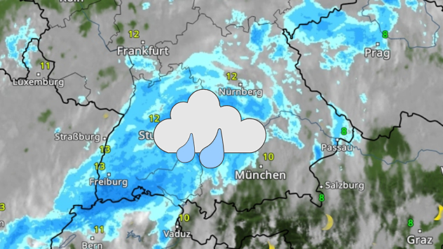 Wetterkarte zeigt ausgedehnten Regen über Süddeutschland mit Temperaturen um 10 bis 13 Grad.