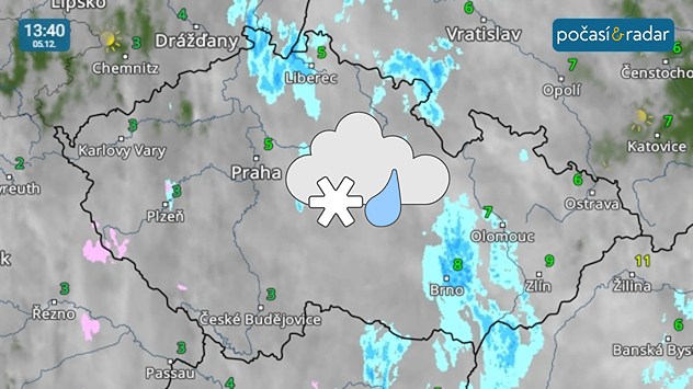 Meteoradar, screenshot, 5. 12., 14:00: V pátek počasí nad Českem ovlivňuje frontální rozhraní – místy se vyskytují srážky v podobě slabého deště, na západě území se od středních poloh objevují i sněhové vločky.