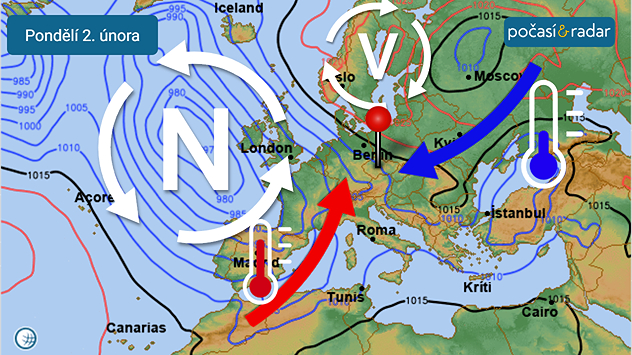 Stav synoptické situace nad Evropou v pondělí 2. února: Vliv na počasí v Česku postupně převezme rozsáhlá oblast nízkého tlaku vzduchu od západu, po jejíž přední straně k nám bude od jihu proudit teplejší vzduch.