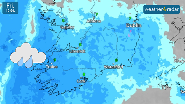 Weather map of Ireland on Friday 10.04 showing widespread rain in blue shades, with a cloud and rain icon over the west and temperatures around 7 to 9 degrees.
