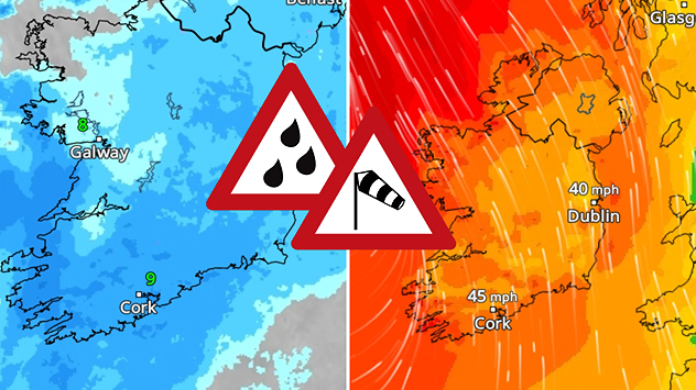 Split map of Ireland showing widespread rain in blue on the left and strong winds in orange on the right, with warning icons for heavy rain and gusty conditions up to 45 mph.