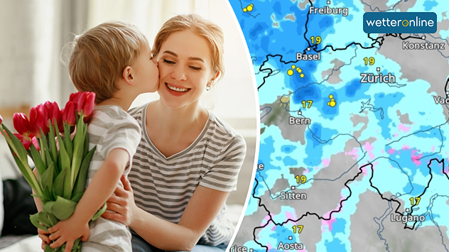 Links ein Bild von Mutter und Sohn, rechts das WetterRadar für die Schweiz