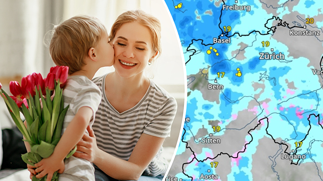 Links ein Bild von Mutter und Sohn, rechts das WetterRadar für die Schweiz