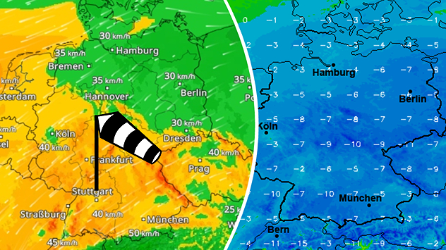 Wetterkarte mit deutlicher Trennlinie zwischen warmer und kalter Luft. Links gelb-grün, rechts blau eingefärbte Temperaturen.