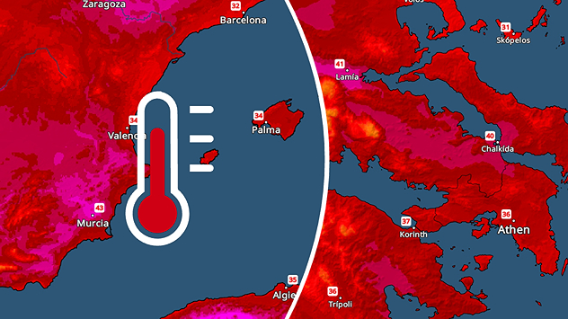 VejrRadar over Spanien og Grækenland med ekstrem varme og temperaturer over 40 grader.