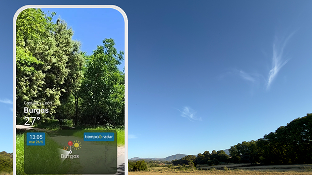 Ahora, con la nueva función de la aplicación de Tiempo & Radar te permite grabar cómo está el tiempo en directo en tu zona y mostrarlo junto al radar del tiempo. Mira el icono de la cámara dentro de la app