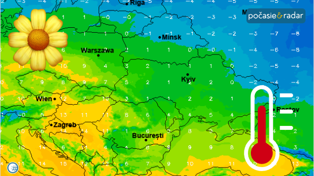 Snímka mapy teploty pre druhú polovicu týždňa. Vpravo dole teplomer s vyznačením vysokej teploty. Vpravo hore emoji kvietku ako symbolu jari.