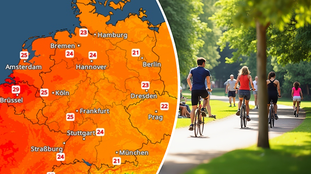TemperaturRadar mit Höchstwerten für Sonntag und Foto mit Radfahrern bei Sonnenschein im Sommer
