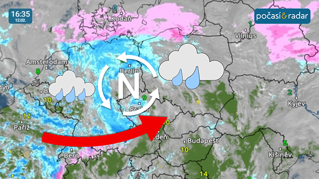 Meteoradar, screenshot, 12. 2. 16:35: Česko se na závěr pracovního týdne nachází pod vlivem tlakové níže nad západní a střední Evropou.