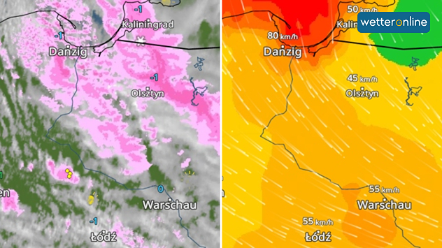 Das WetterRadar und WindRadar zeigen Schnee und Sturm vor allem an der Ostseeküste von Polen.