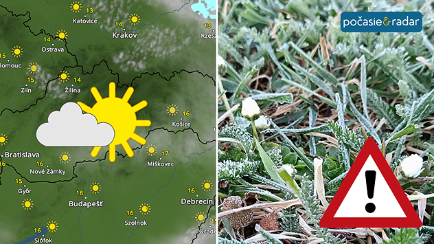 Mapa Slovenska so slnečným počasím a fotografia zamrznutej trávy upozorňujúca na prízemný mráz