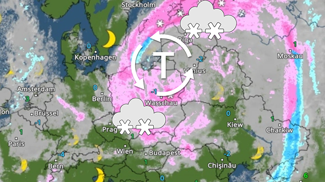 WetterRadar zeigt spiralförmige Schneebänder um ein Tief über Polen