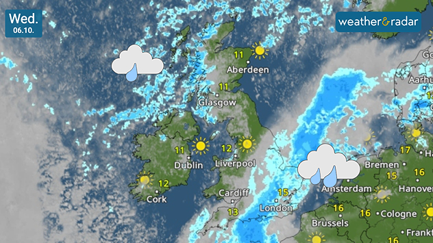 Weather map for Wednesday 06.10 showing scattered showers across the UK and Ireland and heavier rain east of England, with temperatures of 11–15°C.