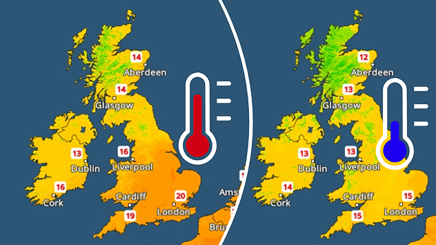 Split temperature maps for Tuesday 06.10 and Wednesday 07.10 showing cooler conditions spreading across the UK and Ireland, with London falling from 20°C to 15°C.