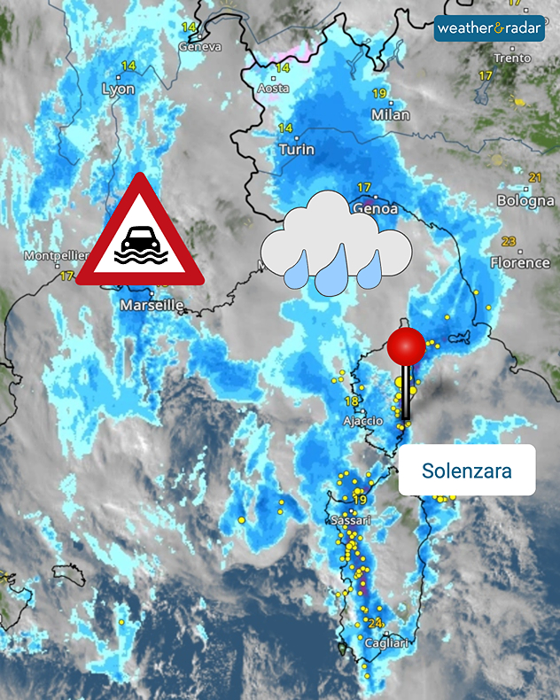 Weather radar shows heavy rainfall over southern France, northern Italy, Corsica and Sardinia. A warning symbol indicates a risk of flooding.