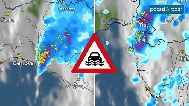 Záběr na meteo radar ukazující silné záplavy bouřka v Itálii.