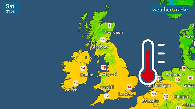 UK temperature forecast map for Saturday 21.02 showing yellow and light green shading, with values such as 14 in Dublin and London, 13 in Liverpool and Cork, and 11 in Glasgow.