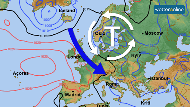Wetterkarte mit Tief und blauem Pfeil