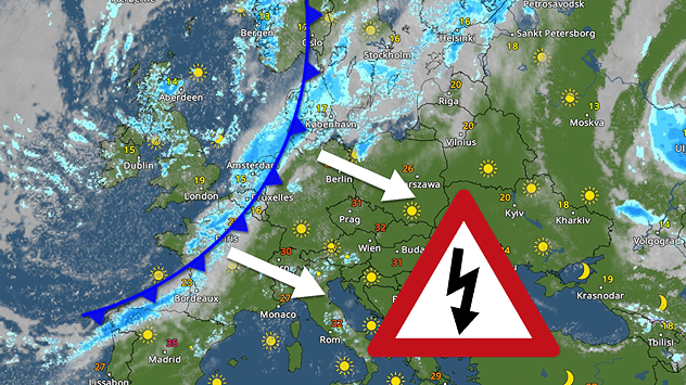 VejrRadar over Europa med koldfront på vej mod øst og risiko for kraftige tordenbyger.