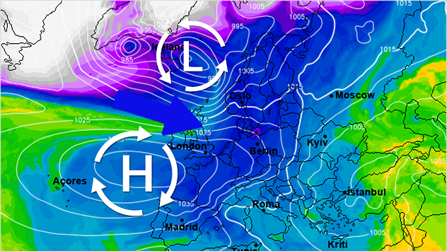 De weerkaart voor komend weekend toont een hogedrukgebied, dat vanuit het westen dichterbij komt. Een noordwestelijke stroming voert nog wel koude lucht aan.