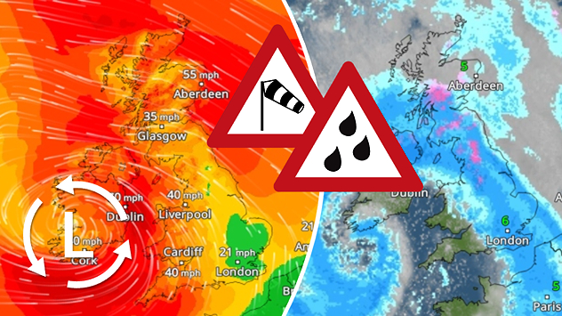 Split image showing strong winds over the UK on a forecast map and widespread rain and snow on a weather radar map.
