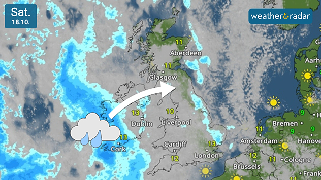 Weather map of the UK and Ireland showing a band of rain over the Atlantic moving eastwards towards Ireland and western Britain. Blue areas indicate rainfall approaching Cork, with an arrow pointing towards Glasgow. Temperatures range from 10°C to 13°C across the region under mostly cloudy skies.
