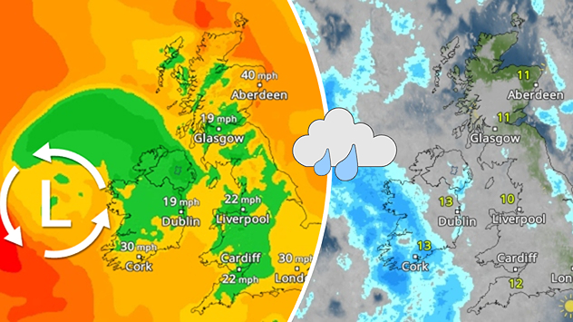 Split weather map showing two forecasts for the UK and Ireland. The left side displays a wind map with a low-pressure system west of Ireland bringing gusts up to 40 mph near Aberdeen. The right side shows a rain radar with blue areas of rainfall moving eastwards from the Atlantic towards Cork, Dublin, and western Britain under mostly cloudy skies.