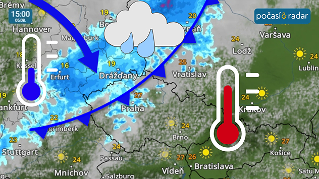 Meteoradar, screenshot, úterý 5. 8. 15:00: Během úterního dne bude naše území od severozápadu přecházet studená fronta - ta přinese kromě ochlazení také přechodně zvětšenou oblačnost s deštěm a přeháňkami.