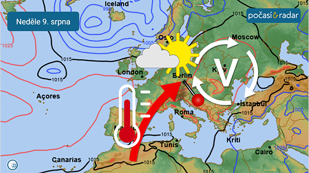 Předpověď, mapa synoptické situace nad Evropou, neděle 9. srpna: Tlaková výše, která bude od poloviny týdne ovlivňovat počasí v Česku, se bude pozvolna pohybovat směrem na východ. Naše území se tak ocitne v teplém jihozápadním proudění na jejím zadním okraji.