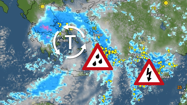 Le radar météo montre une dépression au-dessus de la Grèce, accompagnée de vastes zones de pluie et d'orages. On observe notamment de nombreux éclairs au-dessus de la mer Égée et de l'ouest de la Turquie.
