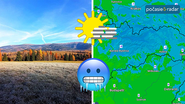 Teplotný radar (vpravo) ukazuje či už nízke denné alebo aj nízke mrazivé nočné teploty, a to na väčšine Slovenska. K tomu symbol slnka, hmly a chladného smajlíka.