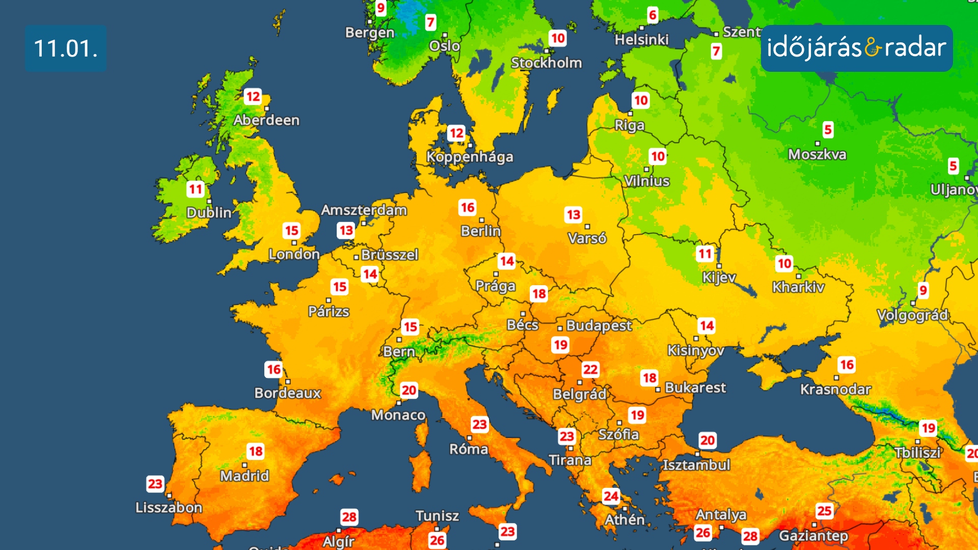 HőmérsékletRadar: Európában semmi nyoma a hideg időjárásnak.