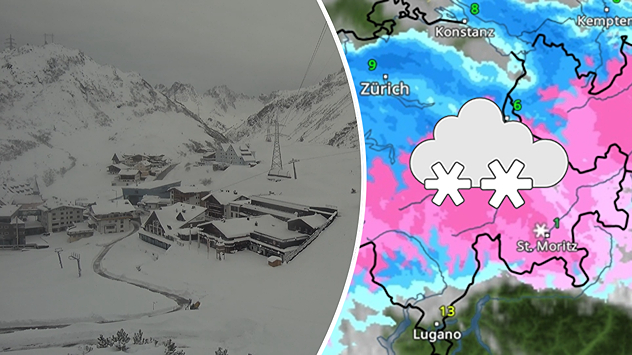 Vľavo je vidieť zasneženú horskú krajinu s domami a lanovkou. Vpravo meteorologická mapa ukazuje silné sneženie v Alpách, najmä v okolí St. Moritz.