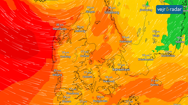 VejrRadar med kraftig blæst over Danmark søndag d. 5. oktober