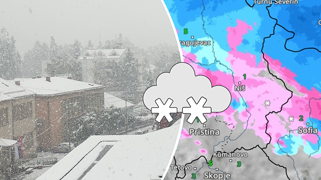Collage met besneeuwde stad en weerradar met sneeuwfront boven de Balkan.