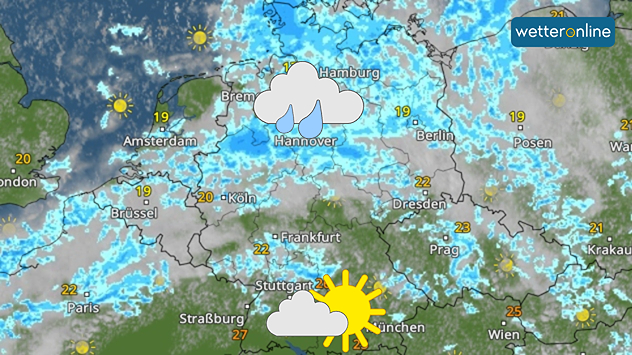 Wetterkarte zeigt Regen im Norden und Sonne im Süden Deutschlands.